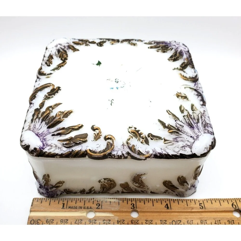 Vintage Westmoreland White Milk Glass Gold & Purple Trinket Dresser Box